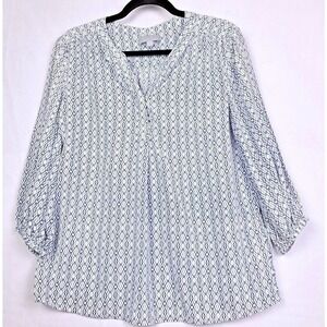 PURE Collection Shirt Womens 6 Small Blue Geometric Stripe 100% Silk 3/4 Sleeve